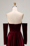 Dark Red Sweetheart A Line Long Velvet  Dress with Long Sleeves