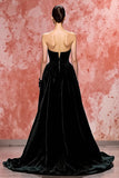 Velvet Black A Line Strapless Long Evening Dress with Slit