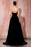 Simple Black Strapless A Line Velvet Evening Dress