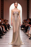 Mermaid Strapless Sparkly Champagne Long Evening Dress with Sequins
