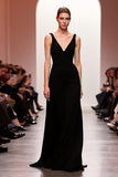 V-Neck Velvet Black A-Line Backless Long Evening Dress