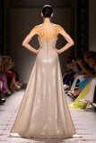 Strapless Champagne A-Line Sequin Corset Evening Dress with Cape