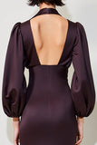 Dark Red Sheath Midi Wedding Guest Dress with Long Sleeves