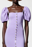 Purple A Line Puff Sleeve Midi Wedding Guest Dress
