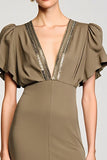 Olive Sheath V Neck Midi Wedding Guest Dress With Sequins