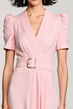 A Line Pink V Neck Midi Work Dress With Belt