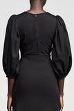 Black A Line 3/4 Sleeve Long Wedding Guest Dress With Tassel