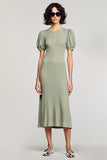 Green Cut Out Sheath Midi Wedding Guest Dress with Puff Sleeves