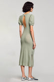Green Cut Out Sheath Midi Wedding Guest Dress with Puff Sleeves