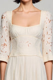 Ivory Square Neck A Line Midi Wedding Guest Dress with Half Sleeves