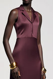 Dark Red Notched Lapel Satin Wedding Guest Dress