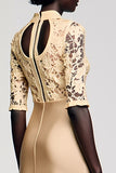 Champagne Lace Half Sleeve Midi Wedding Guest Dress