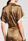 Coffee Satin Polo Collar Printed Wedding Guest Dress