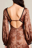 Print Coffee Long Sleeve Satin Wedding Guest Dress