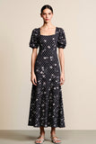 Black Polka Dots Floral Square Neck A Line Wedding Guest Dress