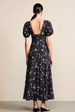 Black Polka Dots Floral Square Neck A Line Wedding Guest Dress