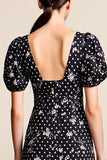 Black Polka Dots Floral Square Neck A Line Wedding Guest Dress