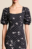 Black Polka Dots Floral Square Neck A Line Wedding Guest Dress