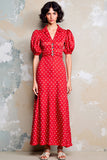 Red A Line Lapel Polka Dot Dress