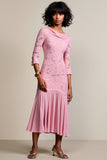 Pink Lace 3/4 Sleeve A Line Wedding Guest Dress