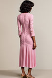 Pink Lace 3/4 Sleeve A Line Wedding Guest Dress