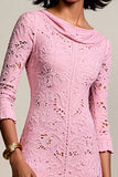 Pink Lace 3/4 Sleeve A Line Wedding Guest Dress