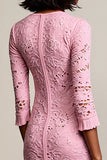 Pink Lace 3/4 Sleeve A Line Wedding Guest Dress
