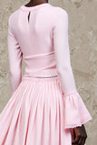 Pink A Line Long Sleeve Wedding Guest Dress
