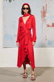 Red Ruched A Line Long Sleeve Wedding Guest Dress