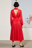 Red Ruched A Line Long Sleeve Wedding Guest Dress