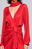 Red Ruched A Line Long Sleeve Wedding Guest Dress