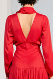 Red Ruched A Line Long Sleeve Wedding Guest Dress