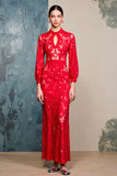 Red Lace Cut Out Long Sleeve Wedding Guest Dress