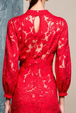 Red Lace Cut Out Long Sleeve Wedding Guest Dress
