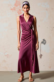Burgundy Satin Ruched Long Wedding Guest Dress