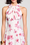 Floral Pink A Line Midi Wedding Guest Dress