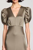 Olive Satin Puff Sleeves Long Wedding Guest Dress