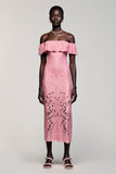 Pink Lace Sheath Off the Shoulder Wedding Guest Dress