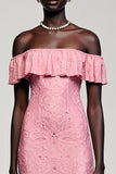 Pink Lace Sheath Off the Shoulder Wedding Guest Dress