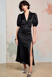 Black Satin Sheath V-Neck Wedding Guest Dress with Slit