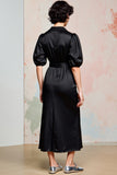 Black Satin Sheath V-Neck Wedding Guest Dress with Slit