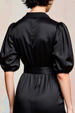 Black Satin Sheath V-Neck Wedding Guest Dress with Slit