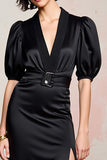 Black Satin Sheath V-Neck Wedding Guest Dress with Slit