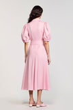 Pink A Line V-Neck Wedding Guest Dress with Sleeves