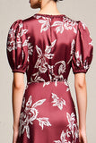 Red Sheath V Neck Printed Wedding Guest Dress With Slit