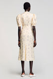 A Line High Neck Apricot Printed Wedding Guest Dress With Bow