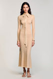 Long Sleeve Sheath High Neck Apricot Wedding Guest Dress With Sash