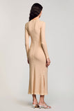 Long Sleeve Sheath High Neck Apricot Wedding Guest Dress With Sash
