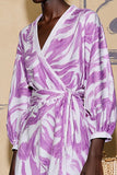 Long Sleeve Printed V Neck Purple Wedding Guest Dress With Sash