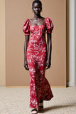 Sheath Red Printed Puff Sleeve Wedding Guest Dress